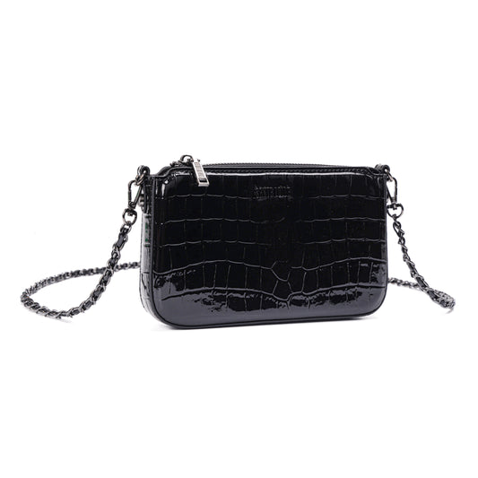 Bolsa Transversal Santa Lolla Preta Croco Alça Correntes