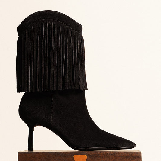 Bota Santa Lolla Preta Couro Franjas Cano Médio Salto Fino