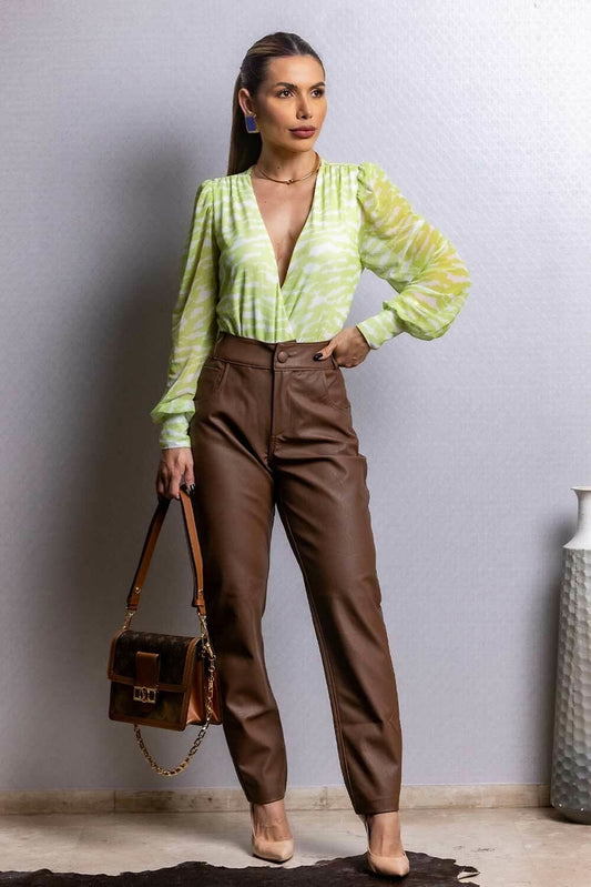 Calça Couro Marrom Recorte Frysaide