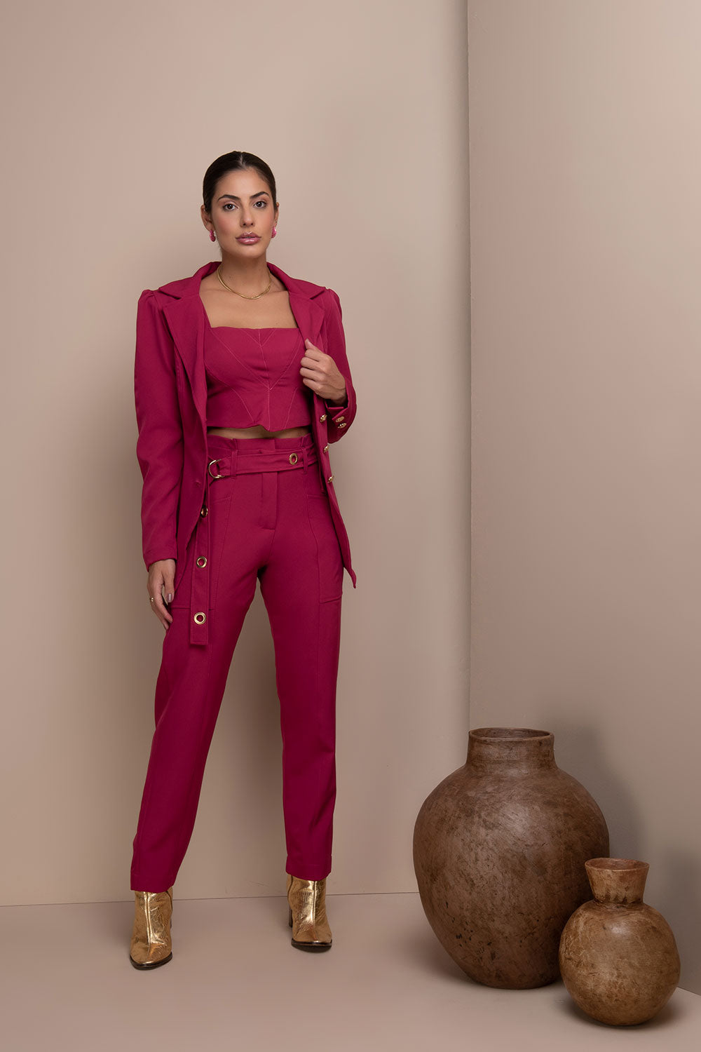 Calça Frysaide Framboesa Alfaiataria Cinto Ilhos