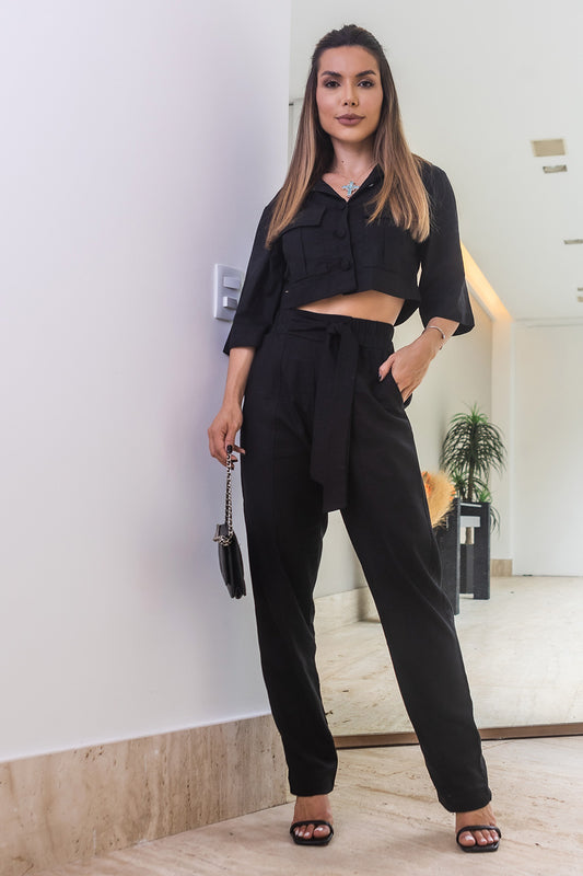 Calça Frysaide Preta Linho Reta Elástico