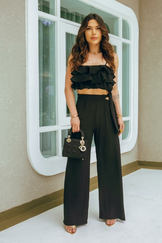 Calça Pantalona Preta Frysaide Cós Alto Cut Out