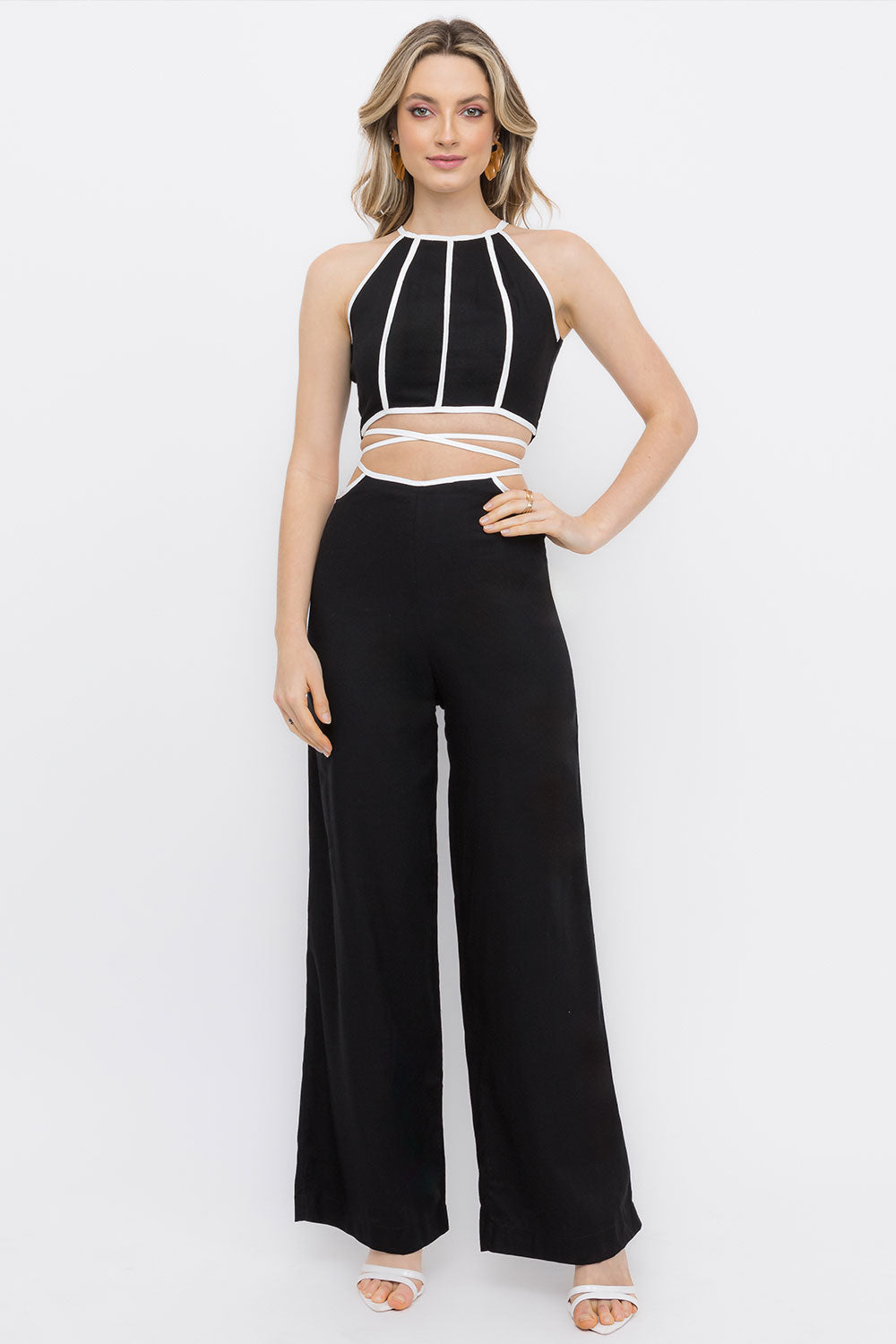 Calça Pantalona Preta Viés Contrastante Frysaide