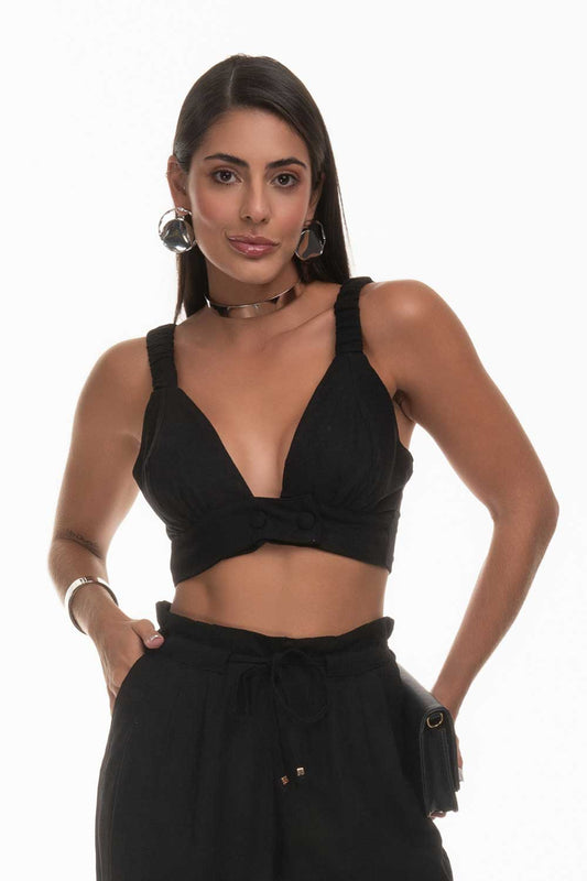 Calça Reta Preta Linho Pregas Cós Frysaide