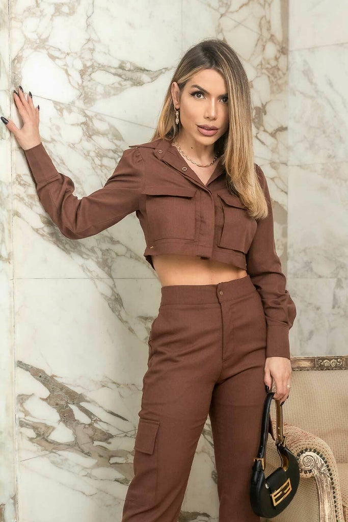 Camisa Cropped Cargo Marrom Frysaide