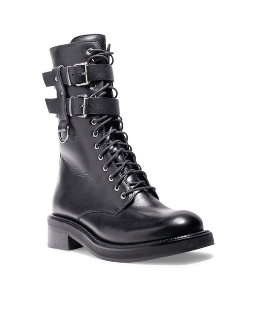 Coturno Santa Lolla Preto Couro Fivelas Cano Médio