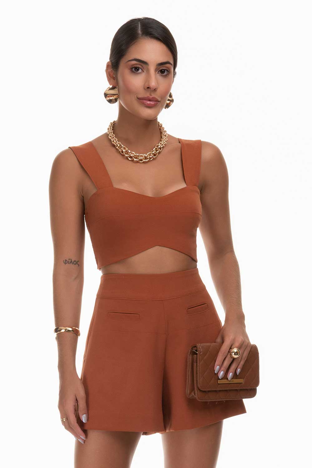 Cropped Marrom Alfaiataria Marrom