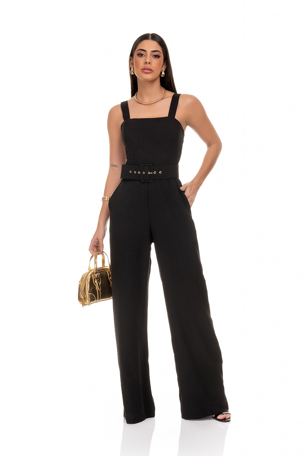 Macacão De Alfaiataria Com Cinto Preto Frysaide