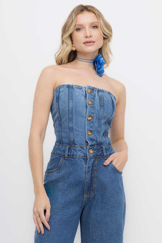 Macacão Jeans Bolso Frysaide