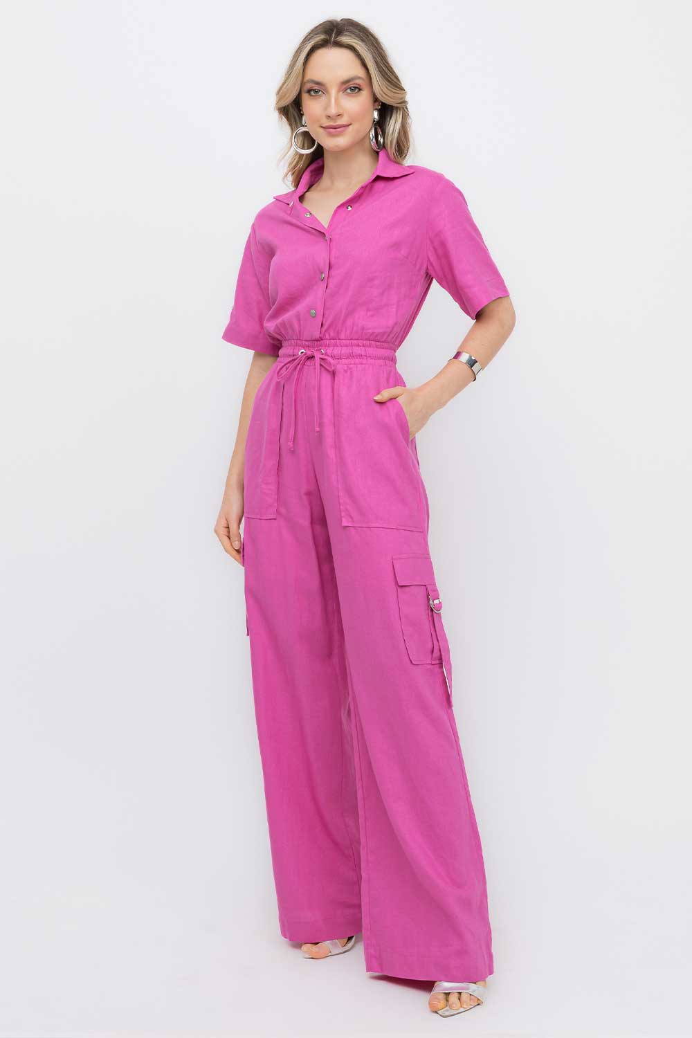 Macacão Linho Bolso Cargo Rosa Frysaide