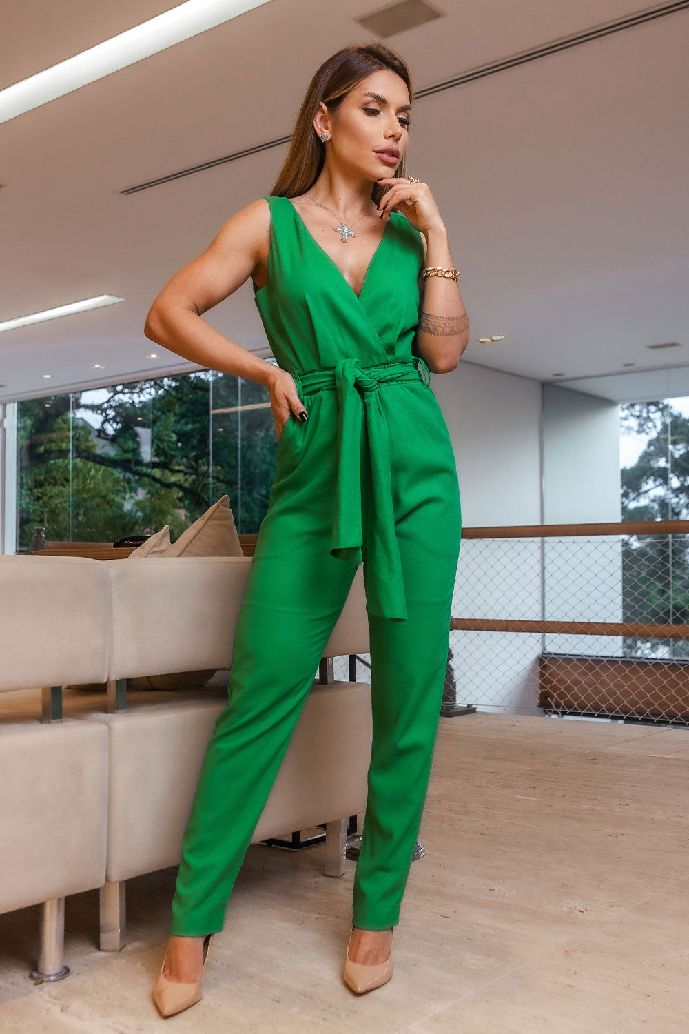 Macacão Verde Decote Transpassado Frysaide