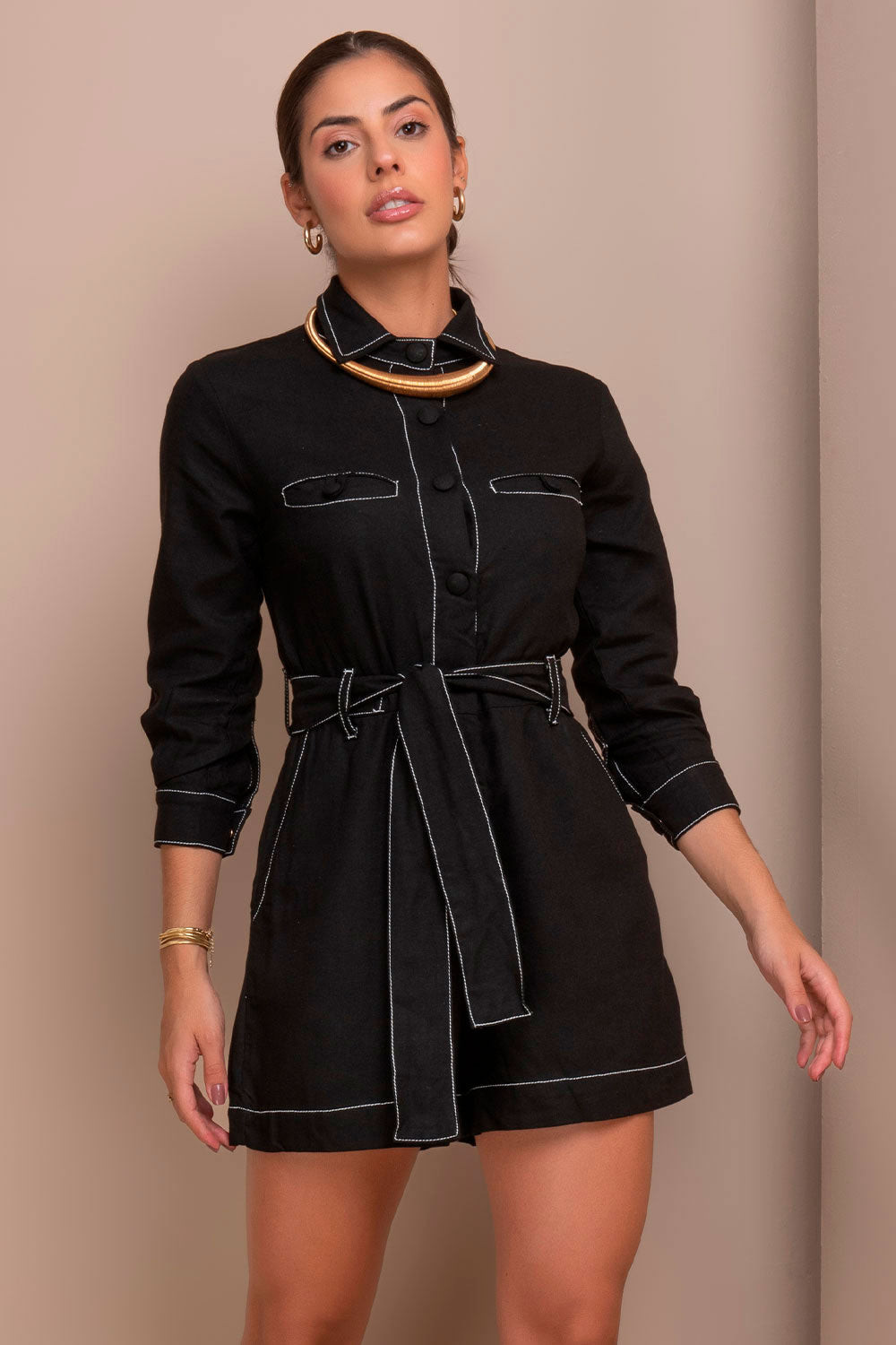 Macaquinho Preto Linho Pesponto Frysaide