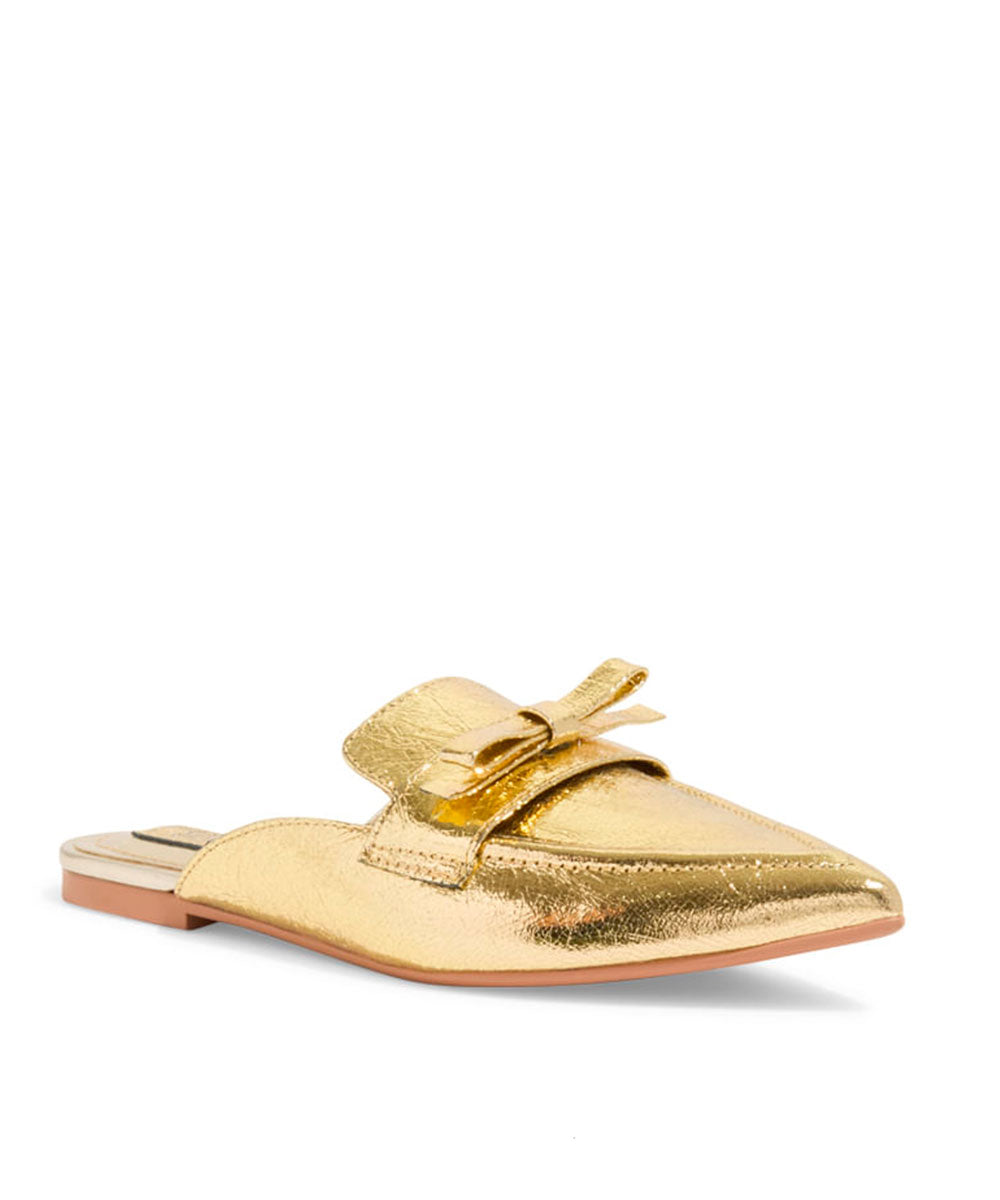 Mule Santa Lolla Dourado Craquelê Bico Fino Laço