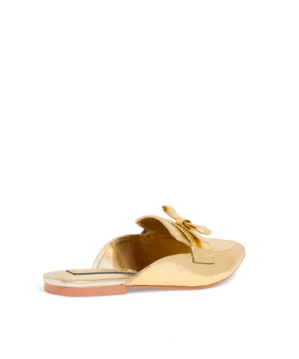 Mule Santa Lolla Dourado Craquelê Bico Fino Laço