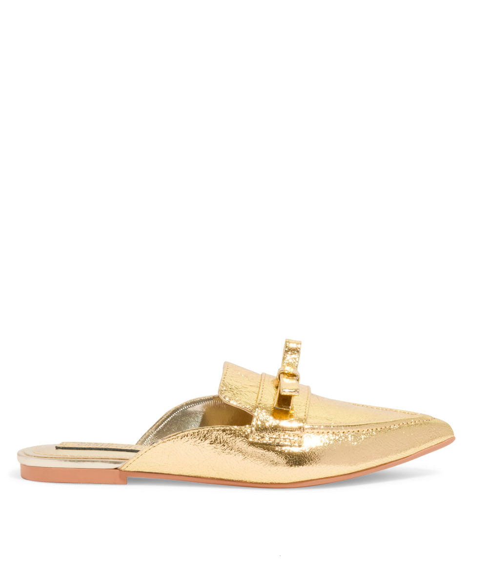 Mule Santa Lolla Dourado Craquelê Bico Fino Laço