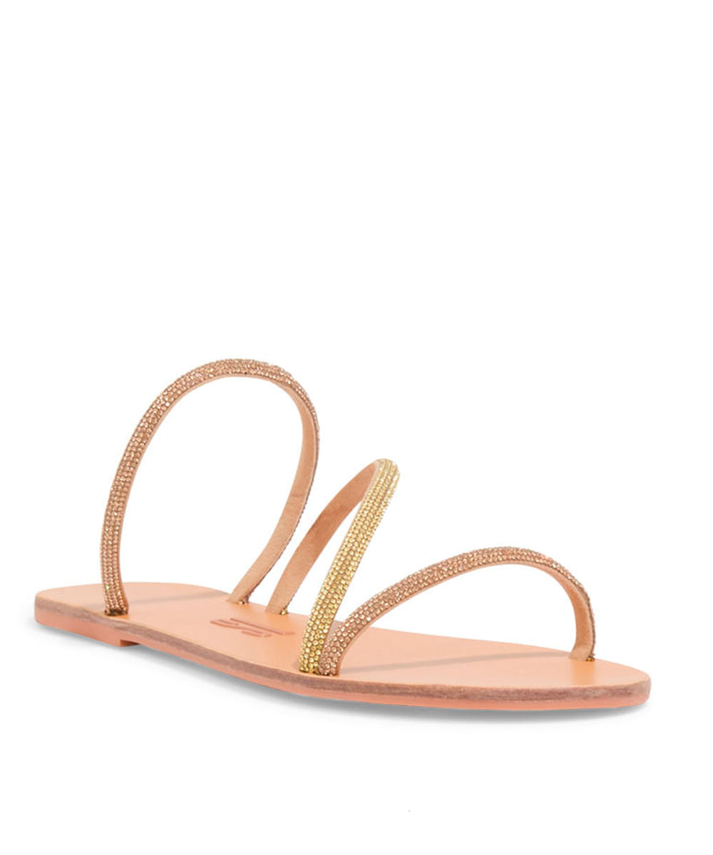 Rasteira Santa Lolla Bege Bico Redondo Tiras Brilho