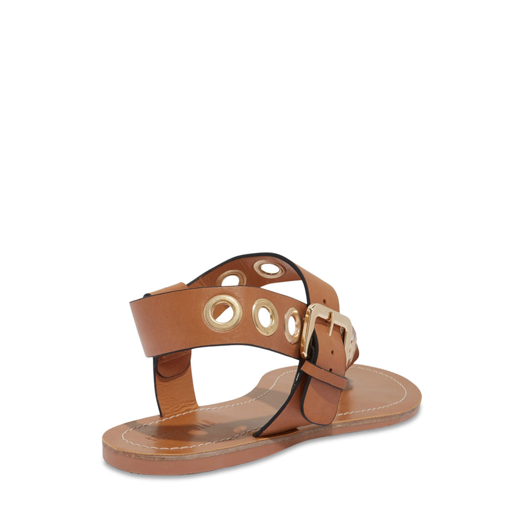 Rasteira Santa Lolla Marrom Couro Tiras Largas Ilhós