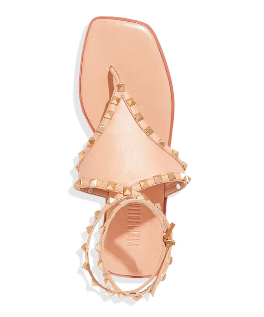 Rasteira Santa Lolla Nude Couro Tiras Spikes Bico Quadrado