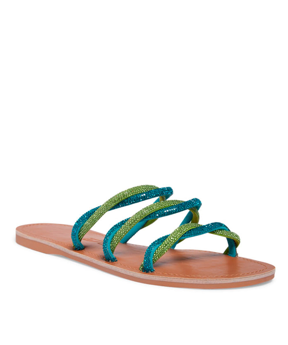 Rasteira Santa Lolla Nude Tiras Verde Azul Strass