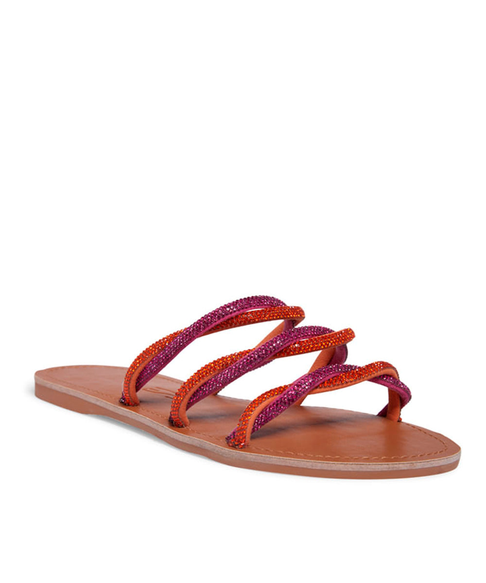 Rasteira Santa Lolla Nude Tiras Vermelho Fúcsia Strass