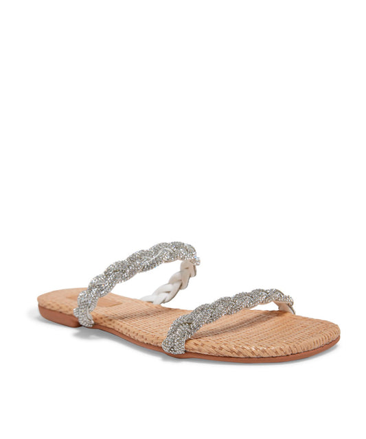 Rasteira Santa Lolla Palha Tiras Strass Prata