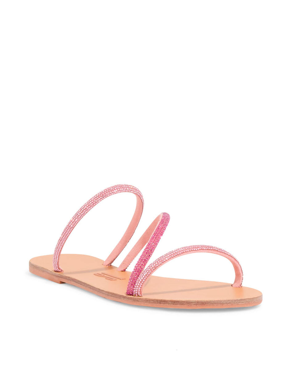 Rasteira Santa Lolla Rosa Bico Redondo Tiras Brilho Strass