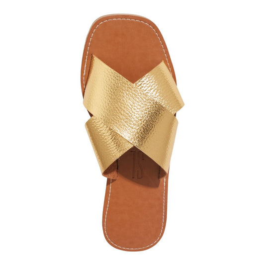 Rasteirinha Santa Lolla Dourada Tiras Cruzadas Bico Quadrado