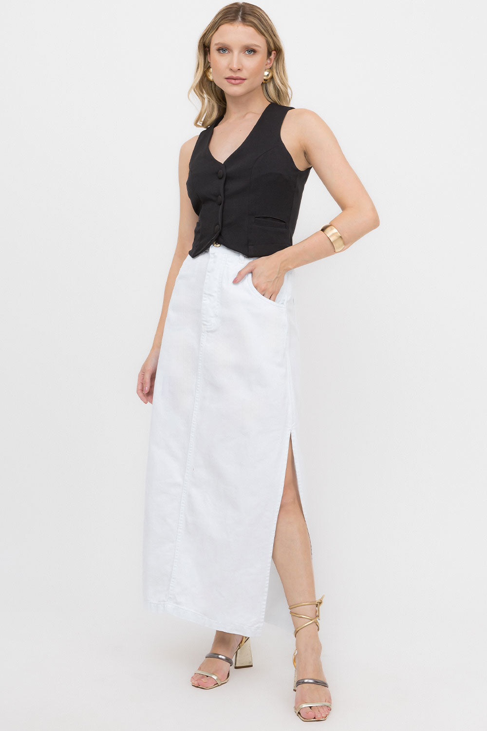 Saia Longuete Branca Fendas Laterais Frysaide