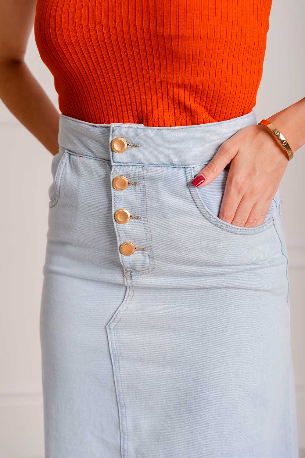 Saia Longuete Jeans Botões Frysaide