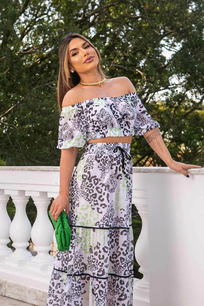 Saia Midi Em Tule Malha Estampada Frysaide