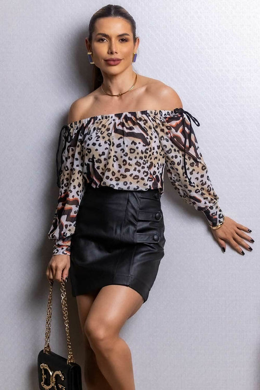 Saia Preta Couro Botões Frysaide