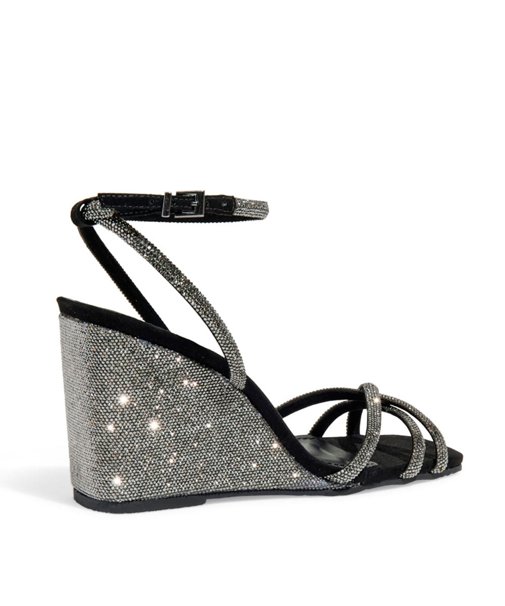 Sandália Anabela Santa Lolla Preta Tiras Cruzadas Brilho