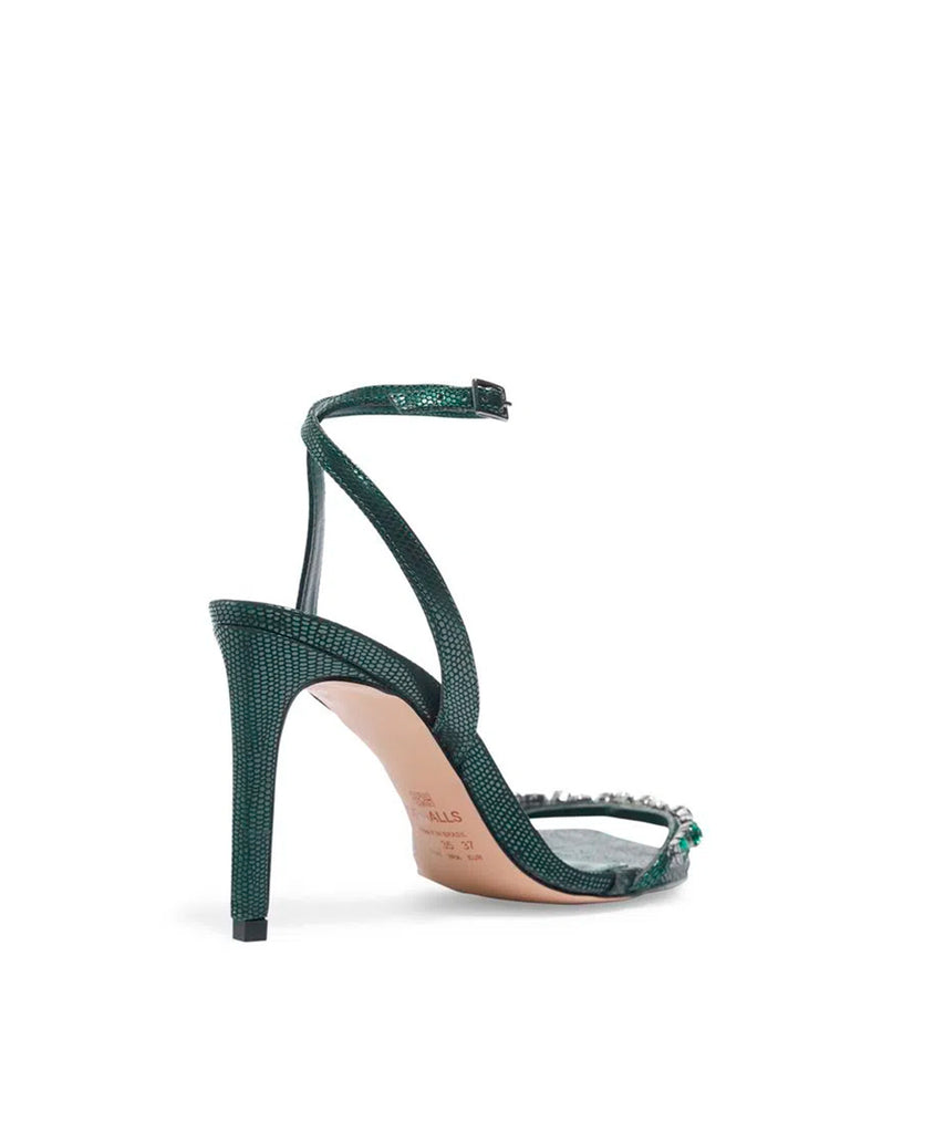 Sandália Degalls Verde Pedras Couro Cobra Salto Fino