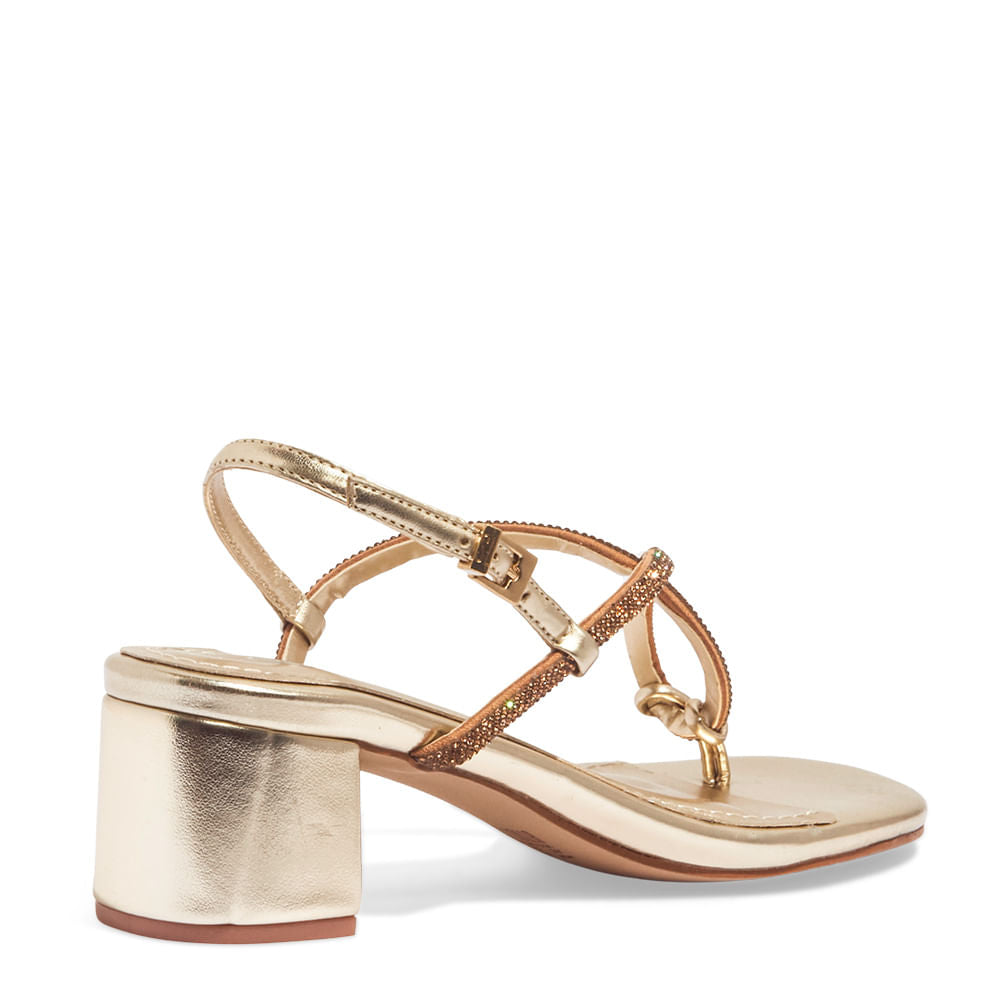 Sandália Dourada Santa Lolla Tiras Strass Salto Bloco Médio