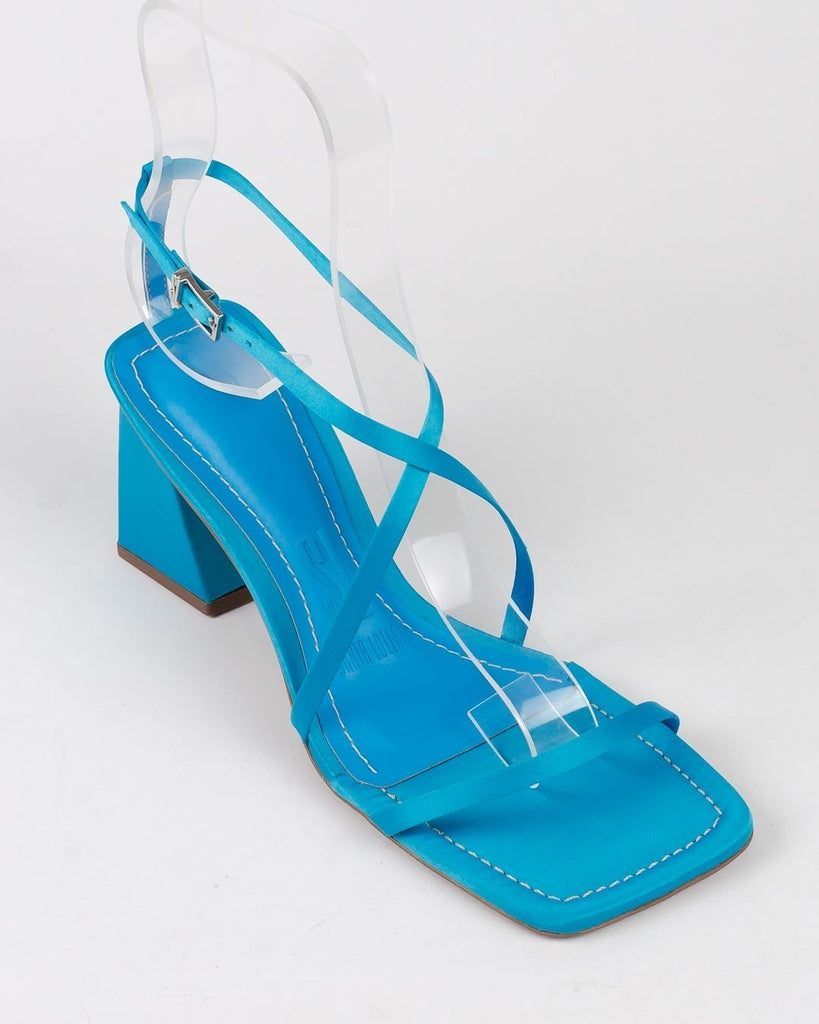 Sandália Santa Lolla Azul Maldivas Cetim Salto Alto Grosso