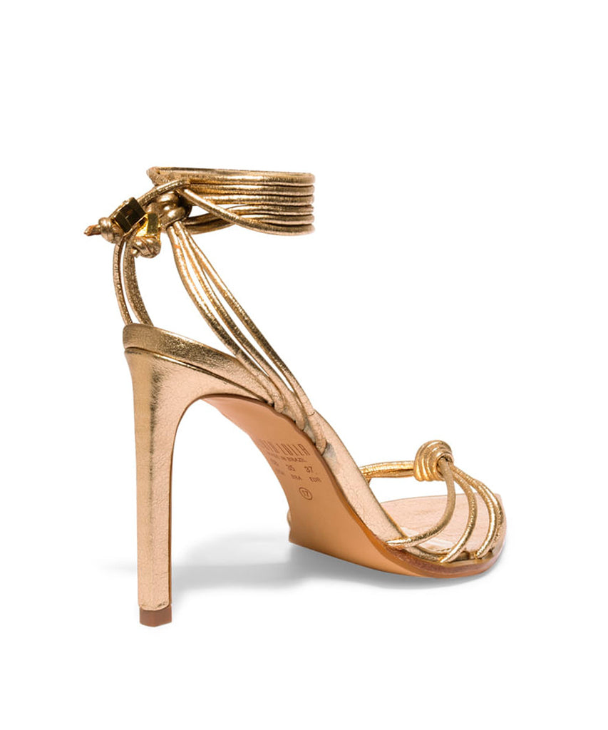 Sandália Santa Lolla Dourada Metalizada Salto Alto Amarração
