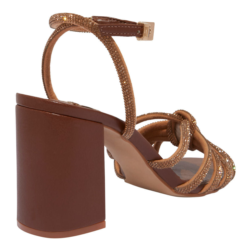 Sandália Santa Lolla Marrom Salto Bloco Tiras Strass