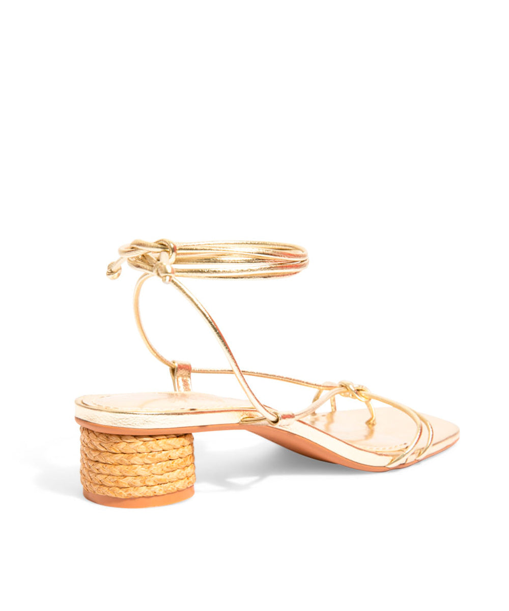 Sandália Santa Lolla Metalizada Dourada Salto Bloco Amarração