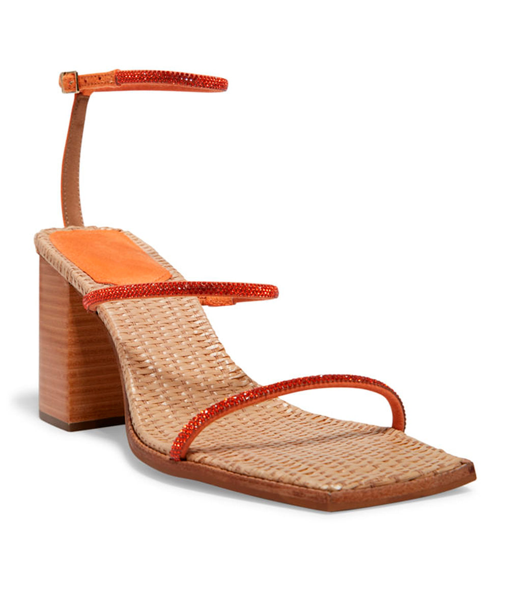 Sandália Santa Lolla Palha Tiras Strass Salto Grosso