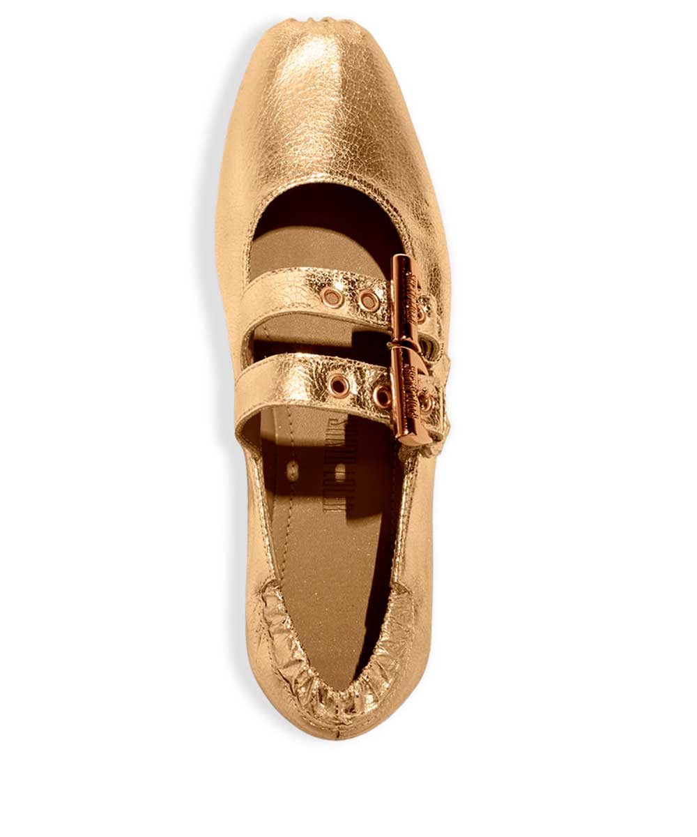 Sapatilha Santa Lolla Dourado Bico Quadrado Fivela Ilhós