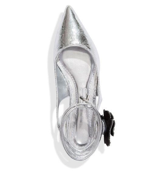 Sapatilha Slingback Santa Lolla Prata Flor Bico Fino