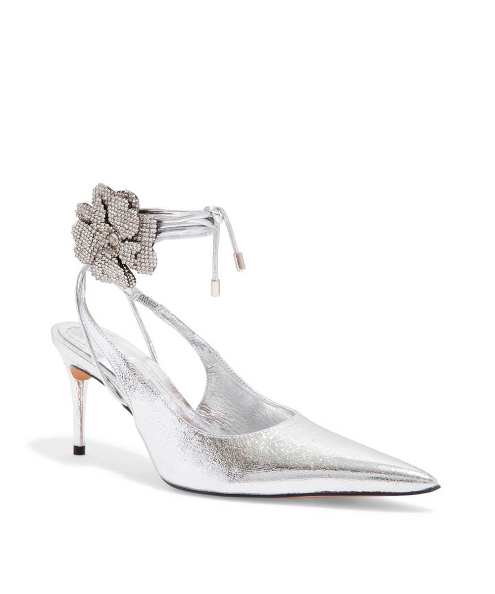 Scarpin Santa Lolla Prata Metalizada Flor Amarração