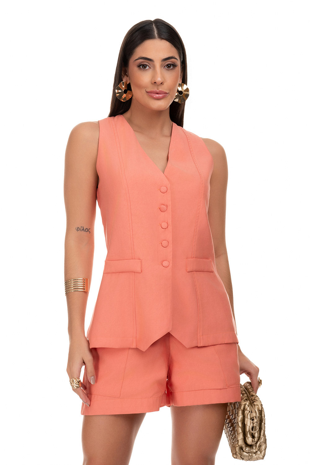 Short De Alfaiataria Com Botões Forrados Salmon Frysaide