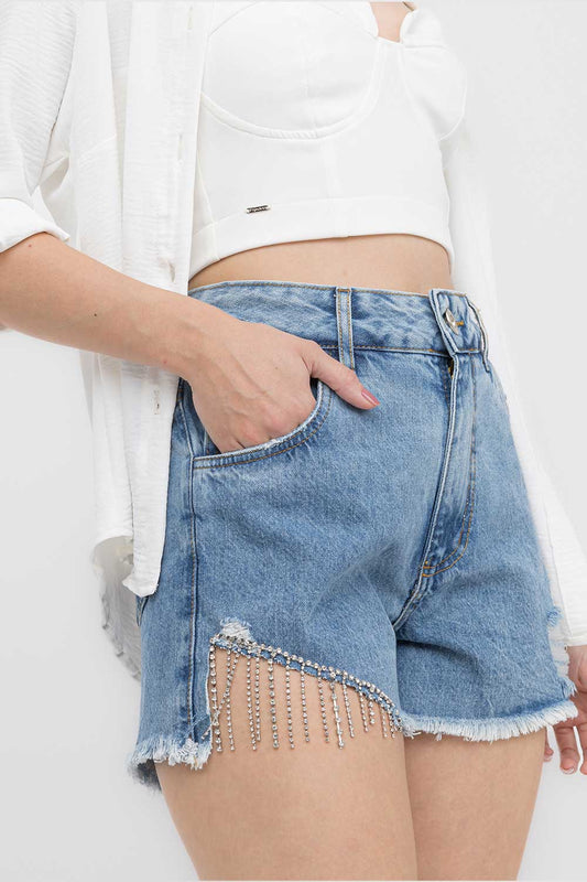 Short Jeans Médio Franja Strass Frysaide