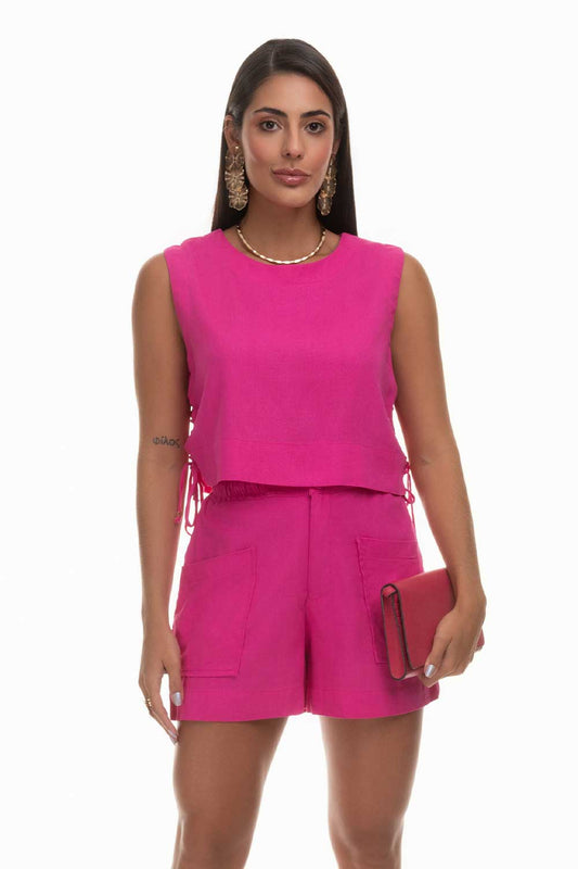 Short Rosa Linho Amarração Frysaide