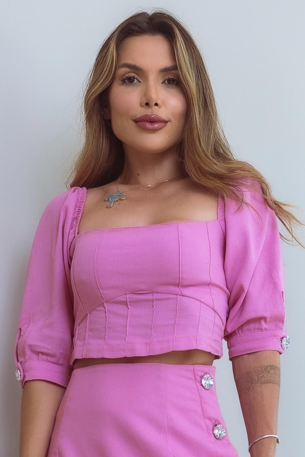 Top Cropped Corset Rosa Linho Frysaide