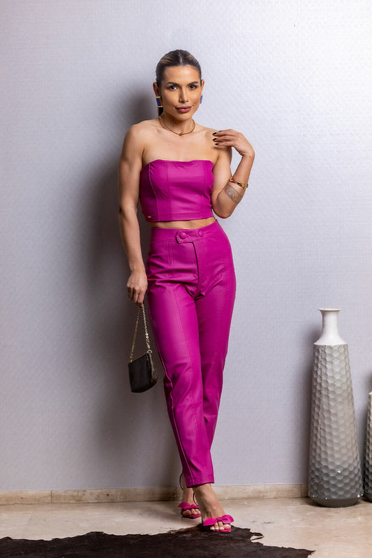 Top Cropped Frysaide Magenta Couro