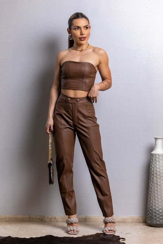 Top Cropped Frysaide Marrom Couro