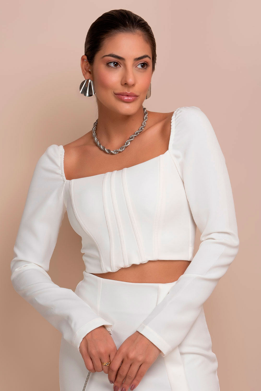 Top Cropped Off White Barbatanas Manga Longa Frysaide