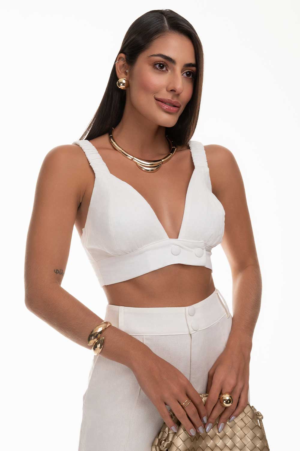 Top Cropped Off White Decote V Frysaide